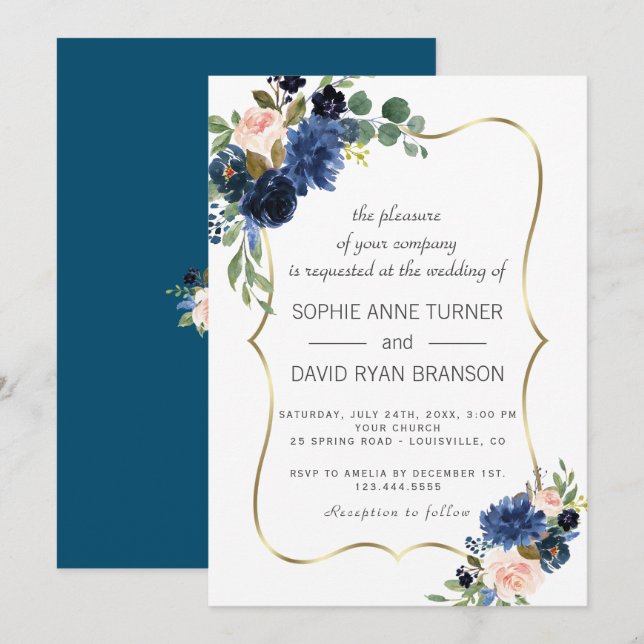 Luxury Gold Navy Blue Blush Flowers Bloom Wedding Invitation (Front/Back)