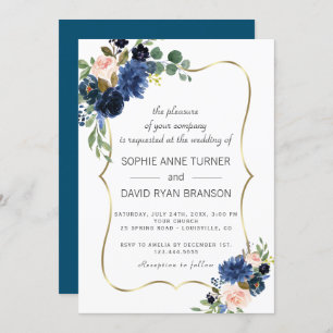 Luxury Gold Navy Blue Blush Flowers Bloom Wedding Invitation