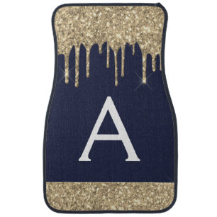 Luxury Gold Navy Blue Glitter Sparkle Monogram Car Car Floor Mat