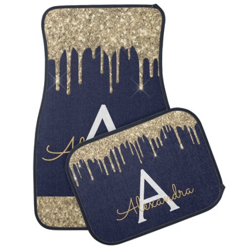 Luxury Gold Navy Blue Glitter Sparkle Monogram Car Floor Mat