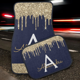 Luxury Gold Navy Blue Glitter Sparkle Monogram Car Floor Mat