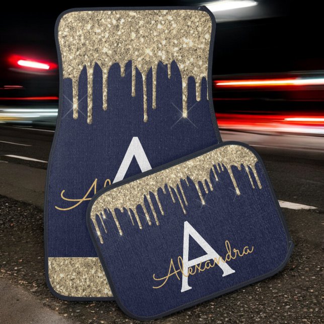 Luxury Gold Navy Blue Glitter Sparkle Monogram Car Floor Mat (Creator Uploaded)