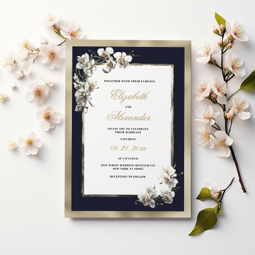 Luxury gold navy blue white orchid flower wedding  invitation