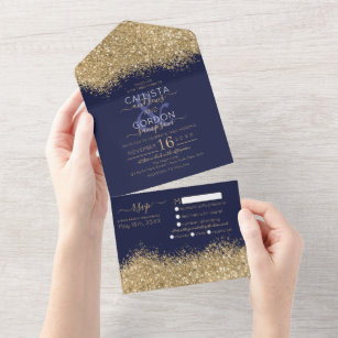 Luxury Gold Navy Glitter Confetti Wedding All In O All In One Invitation