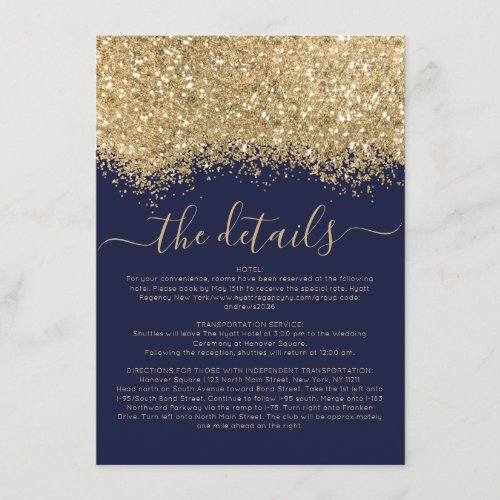 Luxury Gold Navy Glitter Confetti Wedding Details Enclosure Card