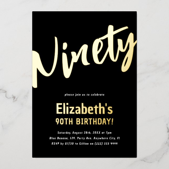 Luxury Gold 'Ninety' Adult Milestone 90th Birthday Foil Invitation (Front)