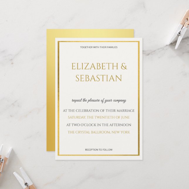 luxury gold & off white minimalist wedding invitation (Front/Back In Situ)