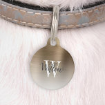 Luxury Gold Ombre Brushed Metal Monogram Pet ID Tag<br><div class="desc">Treat your pet to a touch of glamour with this chic I.D. tag, featuring their name in elegant modern charcoal gray calligraphy script over a white serif monogram initial, on a background of ombre gold faux brushed metal. Customize the reverse with your phone number or text of your choice in...</div>