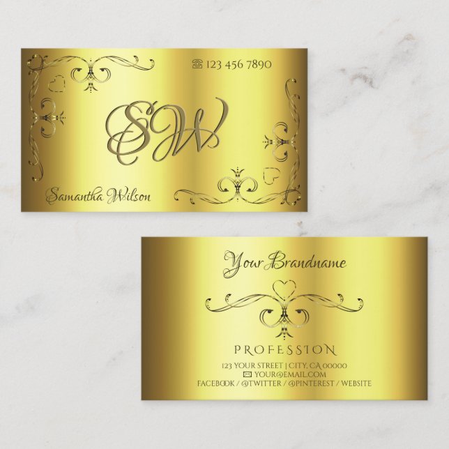 Luxury Gold Ornate Corner Borders with Initials Business Card (Front/Back)