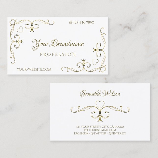 Luxury Gold Ornate Corners on Plain White Elegant Business Card (Front/Back)