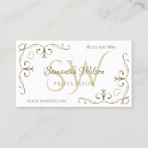 Luxury Gold Ornate Corners on Plain White Initials Business Card