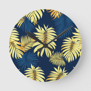 Luxury Gold Palm Leaf Pattern Navy Tropical  Round Clock