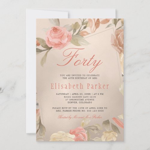 Luxury Gold Peach Coral Floral 40th Birthday Party Invitation