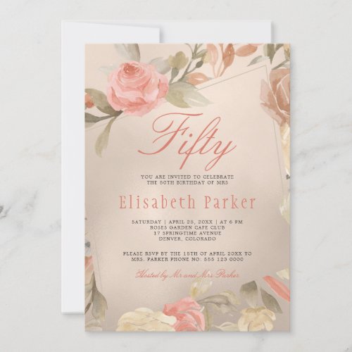 Luxury Gold Peach Coral Floral 50th Birthday Party Invitation