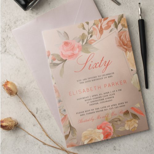 Luxury Gold Peach Coral Floral 60th Birthday Party Invitation