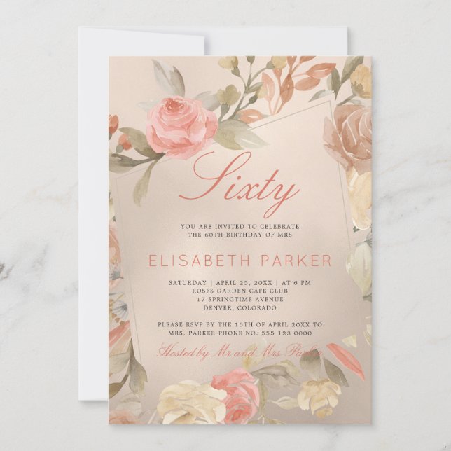 Luxury Gold Peach Coral Floral 60th Birthday Party Invitation (Front)