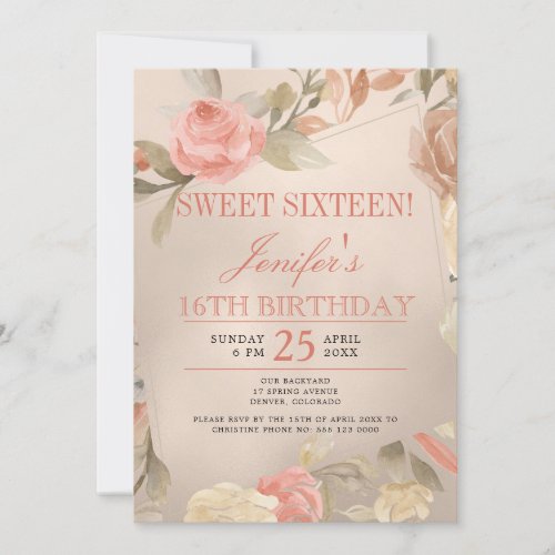 Luxury Gold Peach Coral Floral Sweet Sixteen Invitation