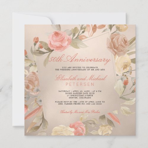 Luxury Gold Peach Coral Floral Wedding Anniversary Invitation