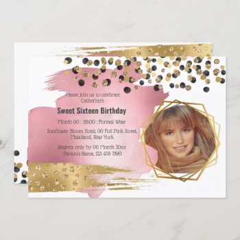 Luxury Gold Pink Glitter Confetti Birthday Party Invitation by mensgifts at Zazzle