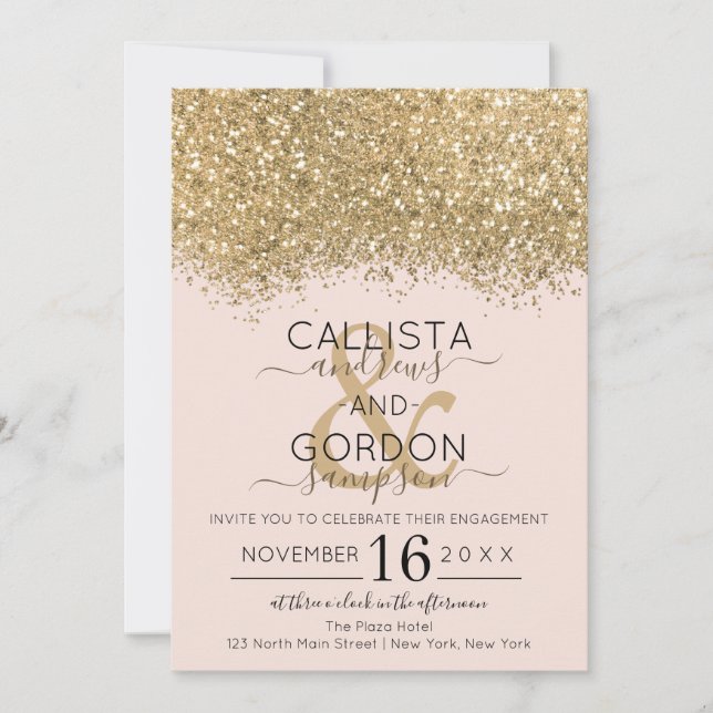Luxury Gold Pink Glitter Confetti Engagement Invitation (Front)