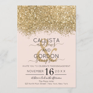 Luxury Gold Pink Glitter Confetti Engagement Invitation