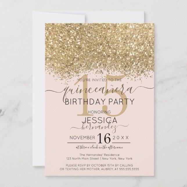 Luxury Gold Pink Glitter Confetti Quinceañera Invitation (Front)
