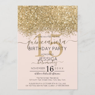 Luxury Gold Pink Glitter Confetti Quinceañera Invitation