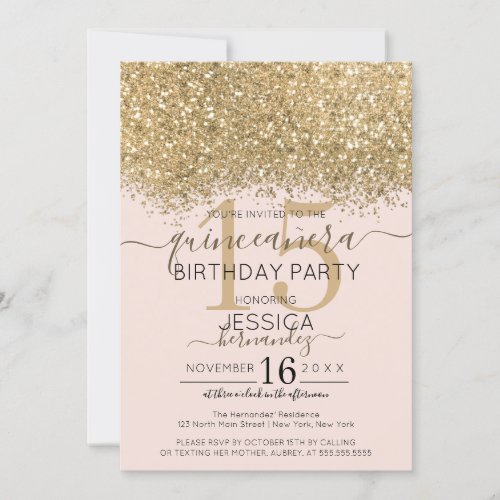 Luxury Gold Pink Glitter Confetti Quinceaera Invitation