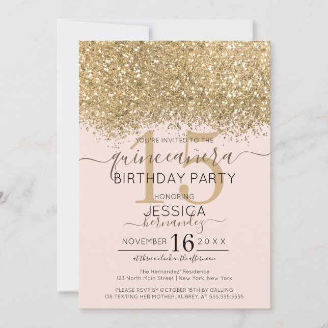 Luxury Gold Pink Glitter Confetti Quinceañera Invitation (Front)