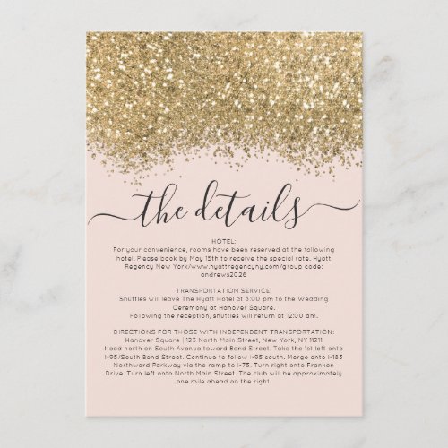 Luxury Gold Pink Glitter Confetti Wedding Details Enclosure Card