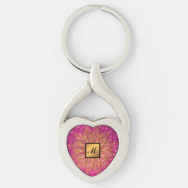 Luxury Gold Pink Glitter Monogrammed Gift Keychain (Front)