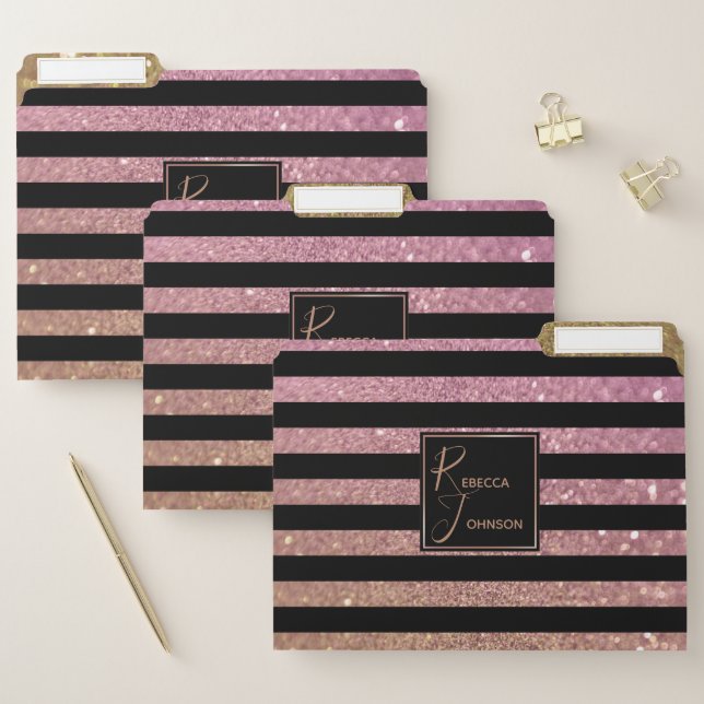 Luxury Gold Pink Glitter Stripes - File Folder (Set)