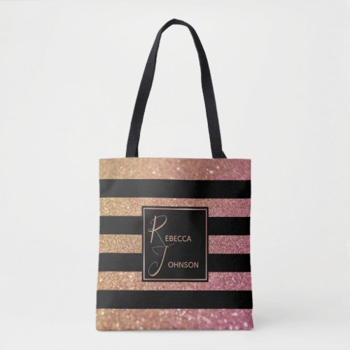 Luxury Gold Pink Glitter Stripes Monogram Name Tote Bag