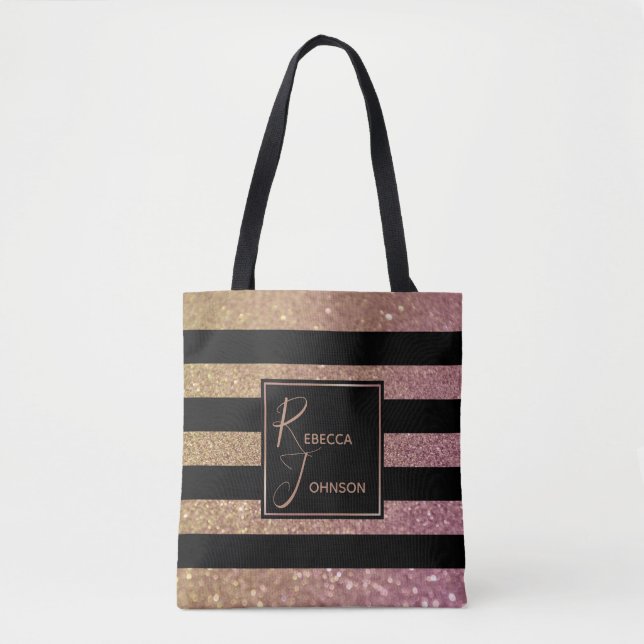 Luxury Gold Pink Glitter Stripes Monogram Name Tote Bag (Front)