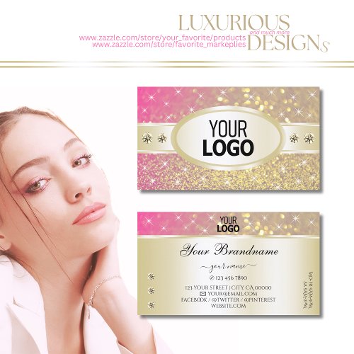 Luxury Gold Pink Purple Glitter Diamonds add Logo Business Card