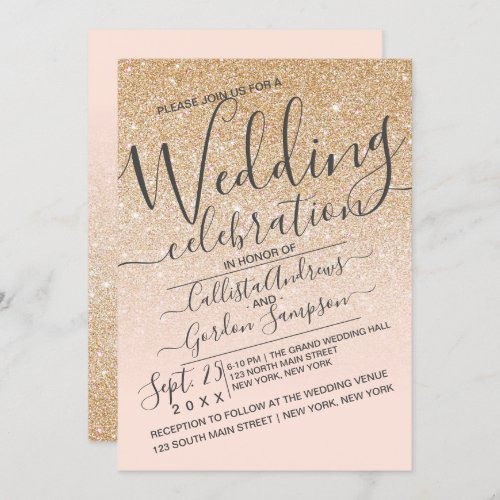 Luxury Gold Pink Sparkly Glitter Ombre Wedding Invitation