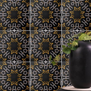 Luxury Gold Platinum Ornaments on Black Pattern Ceramic Tile