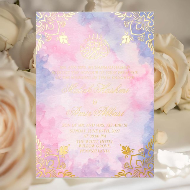 Luxury Gold Purple & Pink Islamic Muslim Wedding  Foil Invitation (Creator Uploaded)