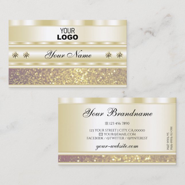 Luxury Gold Purple Sparkle Glitter Add Logo Modern Business Card (Front/Back)