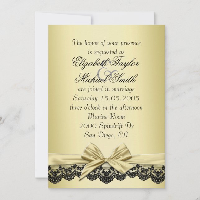 Luxury Gold Ribbon Black Lace Wedding Invite (Front)