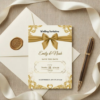 Luxury Gold Ribbon & Bow Elegant Wedding Invite