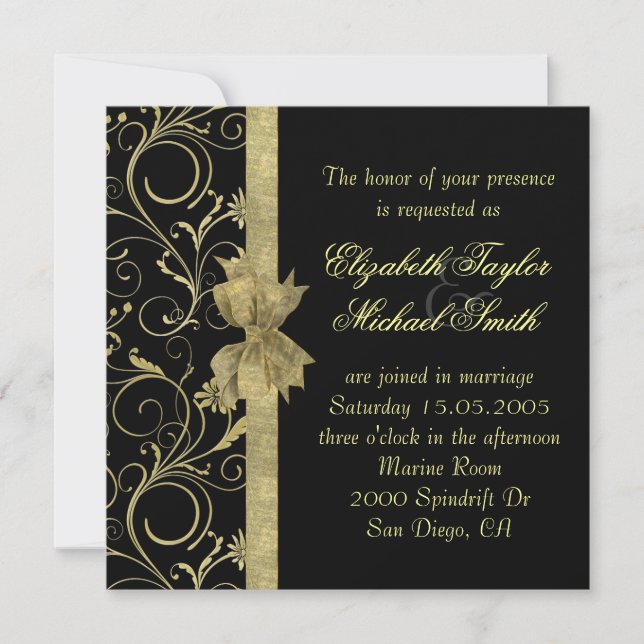Luxury Gold Ribbon Damask Black Wedding Invite (Front)