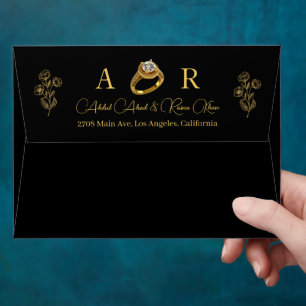Luxury Gold Ring Black Wedding Engagement Initials Envelope