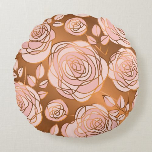 Luxury Gold Rose Seamless Floral Round Pillow