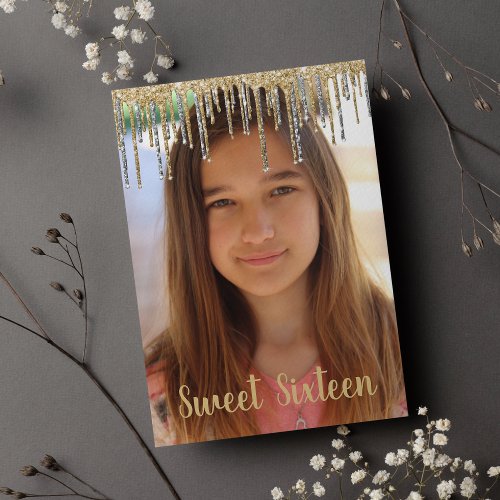 Luxury gold silver glitter drips Photo Sweet 16 Invitation