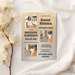 Luxury gold silver glitter gradient Photo Sweet 16 Invitation