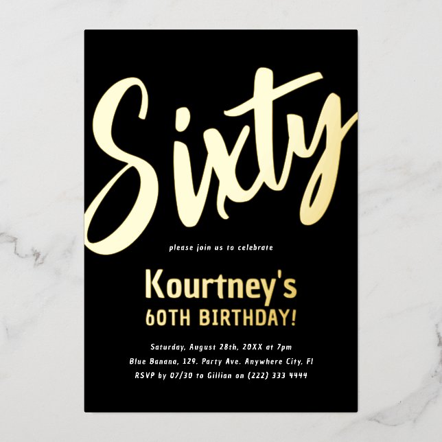 Luxury Gold 'Sixty' Adult Milestone 60th Birthday Foil Invitation (Front)