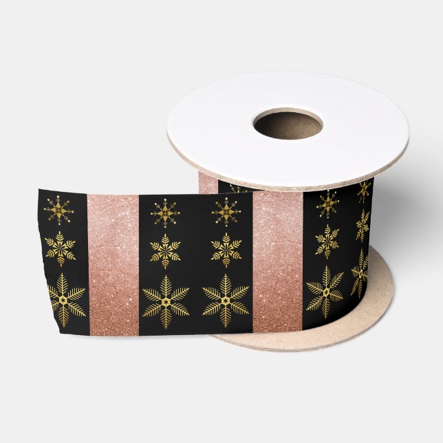 Luxury Gold Snowflakes and Pink Glitter Christmas Satin Ribbon (Spool)