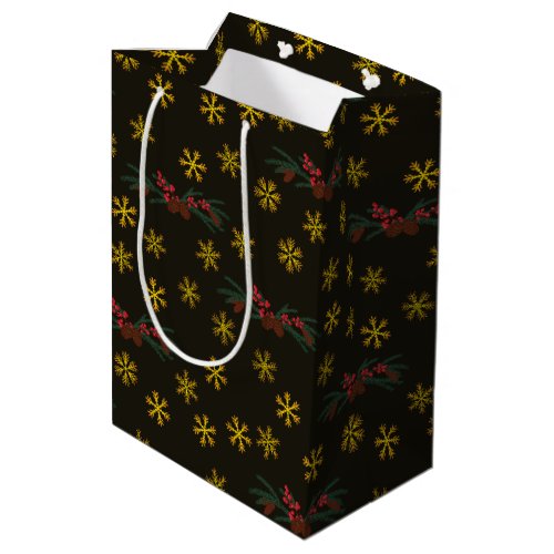 Luxury Gold Snowflakes Botanical Pine Cones Medium Gift Bag