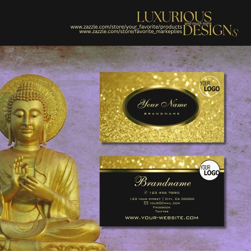 Luxury Gold Sparkling Glitter on Black add Logo Business Card
